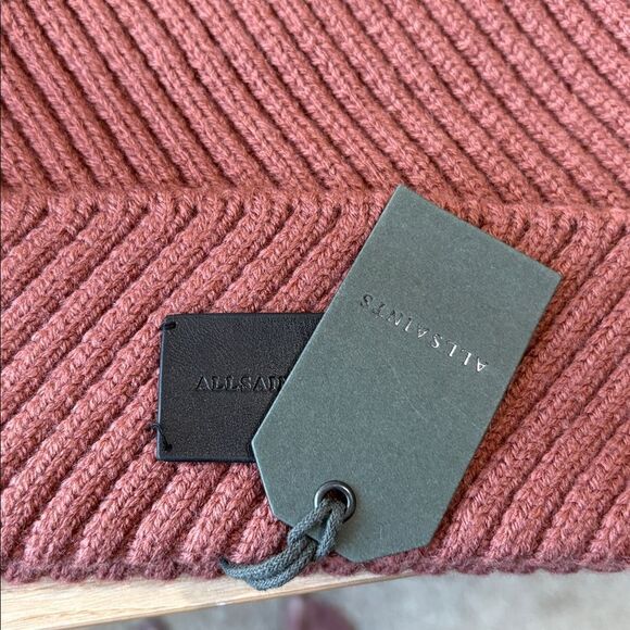 AllSaints Traveling Rib Peak Beanie In Smoke Pink  Unisex New - Picture 4 of 6